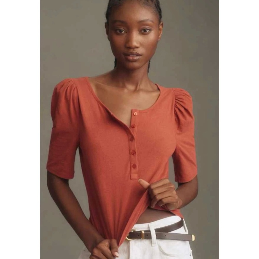 Anthropologie Rust Orange Puff-Sleeve Henley Top